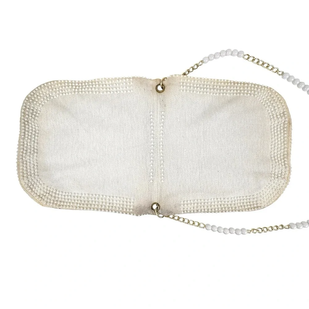 VTG‎ Beaded Purse Ivory Gold Shoulder Chain Evening Retro Elegant Formal 50s 60s